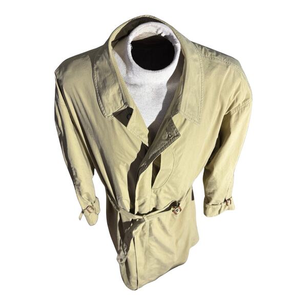 Vintage 1980s Bugatti Germany Trench Coat Khaki Belted Raincoat 54 Iridescent - Picture 2 of 7